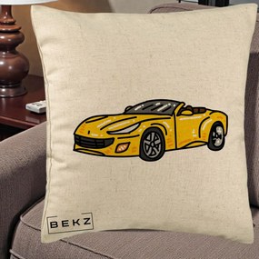 Perna Personalizata Masina Cabriolet Galbena Grafic, 40x40 cm, Bej, Husa Detasabila, Perna Inclusa, BEKZ®