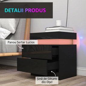 HOMCOM Set 2 Noptiere cu LED și 4 Moduri, 2 Sertare, Lemn, 45x35x52 cm, Negru Lucios | Aosom Romania