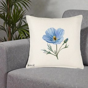 Perna Decorativa Mac Albastru Acuarela, 40x40 cm, Crem Reliefat, Husa Detasabila, Perna Inclusa, BEKZ®