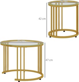 HOMCOM Set de 2 mese laterale înglobabile rotunde 60/40 cm blat sticlă temperată și picior din oțel carbon design modern aurit | Aosom Romania