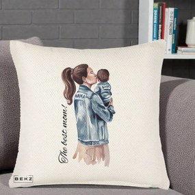 Cadou pentru Mama - Perna Personalizata The Best Mom Jachete, 40x40 cm, Crem Reliefat, Husa Detasabila, Perna Inclusa, BEKZ®