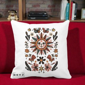 Perna Decorativa Soare Boho Folk Fluturi, 40x40 cm, Alba Mata, Husa Detasabila, Perna Inclusa, BEKZ®