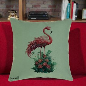 Perna Decorativa Flamingo cu Trandafiri Tropicali, 40x40 cm, Verde, Husa Detasabila, Perna Inclusa, BEKZ®