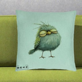 Perna Decorativa Pasare Teal Adormita cu Ochi Galbeni, 40x40 cm, Verde Menta, Husa Detasabila, Perna Inclusa, BEKZ®