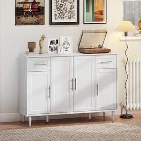 HOMCOM Mobilier de Sufragerie, Credență cu 2 Sertare și 3 Dulapuri cu Rafturi Reglabile, Comodă cu Picioare din Pin pentru Sala de Mese și Bucătărie, 120x38x86 cm, Alb | Aosom Romania