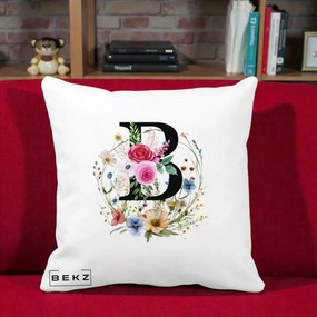 Cadou Personalizat - Perna Personalizata Monogram Litera B cu Flori Acuarela, 40x40 cm, Alba Mata, Husa Detasabila, Perna Inclusa, BEKZ®