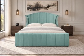 Pat tapițat din catifea Velluto Line 160×200 cm, verde marin, cu ladă de depozitare