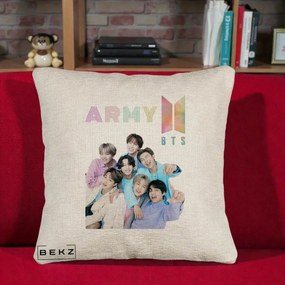 Perna Personalizata K-pop BTS ARMY Fotografie Grup Veseli, 40x40 cm, Bej Canapea, Husa Detasabila, Perna Inclusa, BEKZ®