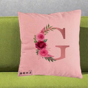 Cadou Personalizat - Perna Personalizata Monograma Rose Gold Litera G, 40x40 cm, Roz, Husa Detasabila, Perna Inclusa, BEKZ®