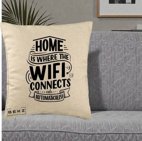 Perna Decorativa Home Is Where WiFi Connects, 40x40 cm, Bej, Husa Detasabila, Perna Inclusa, BEKZ®
