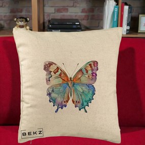 Perna Decorativa Fluture Acuarela Multicolor Portocaliu-Bleu-Mov, 40x40 cm, Bej, Husa Detasabila, Perna Inclusa, BEKZ®