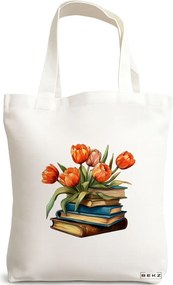 Sacosa de Panza pentru Cumparaturi, Geanta Tote, model Books and flowers 12 38 x 34.5 cm, Alba, BEKZ®