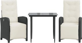 vidaXL Set bistro cu perne, 3 piese, negru, poliratan