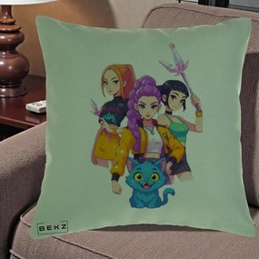 Perna Personalizata K-pop HUNTRX Trio cu Pisica si Cristale, 40x40 cm, Verde, Husa Detasabila, Perna Inclusa, BEKZ®