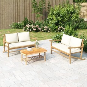 3156473 vidaXL Set mobilier de grădină, cu perne alb crem, 3 piese, bambus