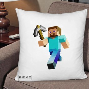 Perna Personalizata Minecraft Steve cu Tarnacop, 40x40 cm, Alb Pufos, Husa Detasabila, Perna Inclusa, BEKZ®
