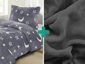 Lenjerie de pat fosforescenta din microplus BIG MOON gri + cearceaf din microplus SOFT 90x200 cm gri inchis
