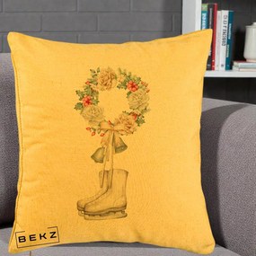 Perna Decorativa Patine cu Coroana Florala de Craciun, 40x40 cm, Galben, Husa Detasabila, Perna Inclusa, BEKZ®
