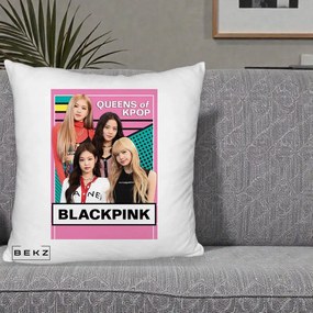 Perna Personalizata BLACKPINK Queens of Kpop, 40x40 cm, Alb Pufos, Husa Detasabila, Perna Inclusa, BEKZ®