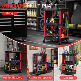 HOMCOM Cărucior pentru Scule 3 Nivele din Plastic cu Panou Lateral Roșu Negru | Aosom Romania