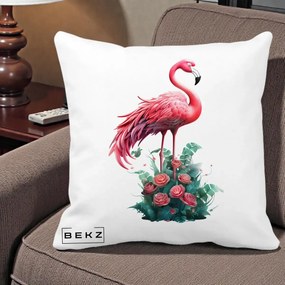 Perna Decorativa Flamingo cu Trandafiri Tropicali, 40x40 cm, Alba Mata, Husa Detasabila, Perna Inclusa, BEKZ®