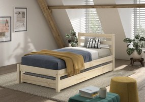 Pat single 90 x 200 cm din colecția PINO, finisaj natural, cu sertar pentru dormit sau depozitare – Vipack