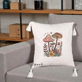 Perna Decorativa Ciuperci Boho Multicolore, 40x40 cm, Bej cu Franjuri, Husa Detasabila, Perna Inclusa, BEKZ®