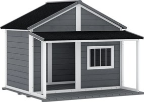 PawHut Casuță din Lemn de Exterior pentru Câini, Cușcă pentru Câini cu Terasă, Fereastră și Acoperiș Impermeabil, 124x112x105 cm, Gri | Aosom Romania