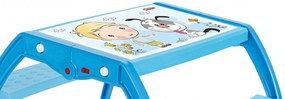 Masuta copii din plastic aditivat cu doua bancute Novokids™ Study Table, 95X78X49 cm, Suprafata lucioasa, Model Baietel cu Catelus, Albastru