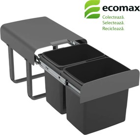 Cos gunoi incorporabil Ekko Jazz 40 Ecomax, cu extragere totala, colectare selectiva, gri antracit, 2 x 15 l Polipropilena, L:355 mm; A:470 mm; H:365