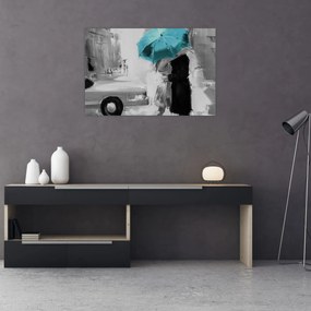 Tablou - Cuplu în dragoste cu umbrelă, albastru (90x60 cm)