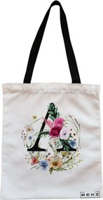 Sacosa de Panza pentru Cumparaturi, Geanta Tote, Cu litera A in Coronita Florala, Cu fermoar, 38x34.5 cm, Alba, BEKZ®