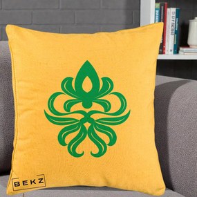Perna Decorativa Ornament Turcoaz Fleur de Lis, 40x40 cm, Galben, Husa Detasabila, Perna Inclusa, BEKZ®