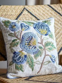 Pernă decorativă din bumbac, natur, cu broderie florală și tiv decorativ, 45x45 cm, „Hanna"