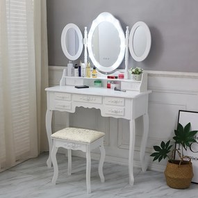RESIGILAT- Set Ilinca, Masă de toaletă cu 3 oglinzi iluminate LED, control touch, 7 sertare, scaun, Alb