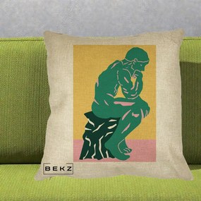 Perna Decorativa Ganditorul Sculptura Pop Art, 40x40 cm, Crem, Husa Detasabila, Perna Inclusa, BEKZ®