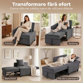 HOMCOM Fotoliu Extensibil 4 în 1 Tapițat, Rabatabil 3 Poziții, Catifea cu Roți, 73x90x83 cm, Gri Închis | Aosom Romania