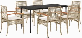 vidaXL Set de masă pentru grădină, 7 piese, cu perne, bej, poliratan