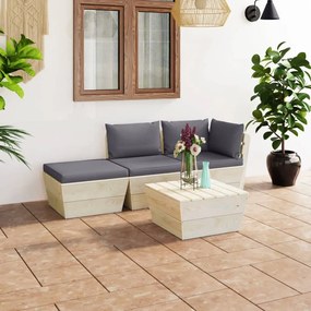 Set mobilier gradina din paleti, cu perne, 4 piese, lemn molid Antracit, colt + mijloc + suport pentru picioare + masa, 1