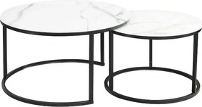Set 2 masute cafea ATLANTA C, alb cu efect de marmura/negru, sticla/me