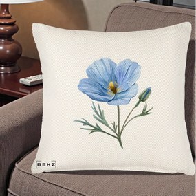 Perna Decorativa Mac Albastru Acuarela, 40x40 cm, Crem Reliefat, Husa Detasabila, Perna Inclusa, BEKZ®