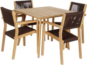 Set dining exterior din lemn de tec și frânghie, masă și 4 scaune, 5 piese, finisaj natural, „Terrawood”