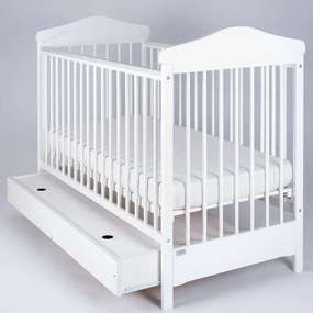 Patut bebe din lemn masiv, inaltime reglabila a saltelei, sertar inclus, Hippo Alb, 120x60 cm