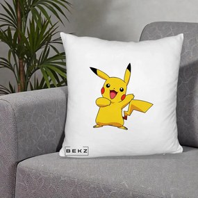 Perna Personalizata Pikachu Fericit, 40x40 cm, Alb Pufos, Husa Detasabila, Perna Inclusa, BEKZ®