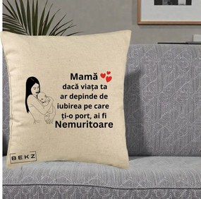 Cadou pentru Mama - Perna Personalizata Mama Nemuritoare Linie, 40x40 cm, Bej, Husa Detasabila, Perna Inclusa, BEKZ®