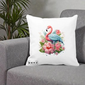 Perna Decorativa Flamingo cu Hibiscus Tropical, 40x40 cm, Alba Mata, Husa Detasabila, Perna Inclusa, BEKZ®