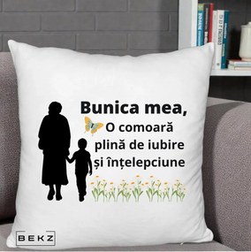 Cadou pentru Bunica - Perna Personalizata Bunica Mea Comoara cu Fluture si Baietel, 40x40 cm, Alb Pufos, Husa Detasabila, Perna Inclusa, BEKZ®