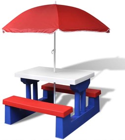 vidaXL Masă de picnic pentru copii cu bănci & umbrelă, multicolor