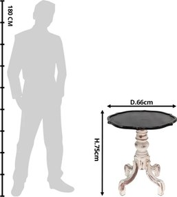 Măsuță laterală rotundă brocante din lemn, blat negru, picior baroc alb antichizat, Ø 66 cm, „Céleste"