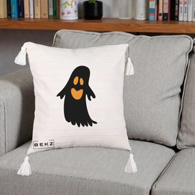 Perna Decorativa Halloween Fantoma Neagra cu Ochi Portocalii, 40x40 cm, Bej cu Franjuri, Husa Detasabila, Perna Inclusa, BEKZ®